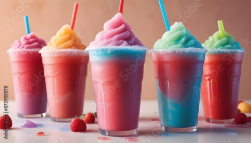 Colorful frozen slushie drinks isolated with straws, including a pink, a green, and a blue on a white background