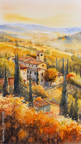An autumn landscape with houses and cypresses in Italian Tuscany painted in watercolor. a postcard with an Italian autumn landscape.