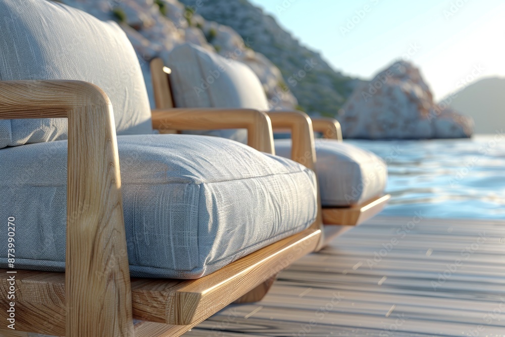 Comfortable wooden lounge chairs by the poolside with a scenic ocean view, perfect for relaxing in the sun and enjoying the coastal atmosphere. Comfortable wooden lounge chairs by the poolside with a scenic ocean view, perfect for relaxing in the sun and enjoying the coastal atmosphere.