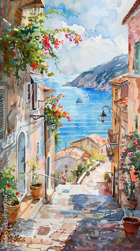 Lovely coastal old italian village , street old town Watercolor illustration