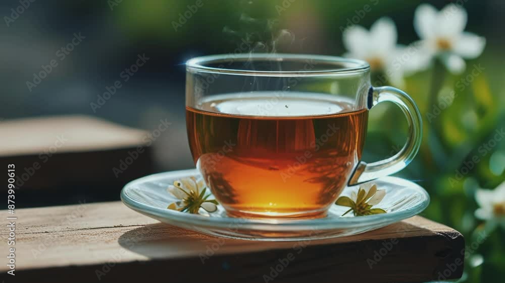 A glass of warm jasmine tea, seamless 4K virtual video animation background A glass of warm jasmine tea, seamless 4K virtual video animation background