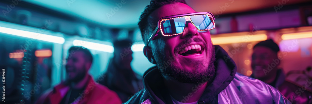 A man with sunglasses smiles and looks up in a brightly lit club setting A man with sunglasses smiles and looks up in a brightly lit club setting