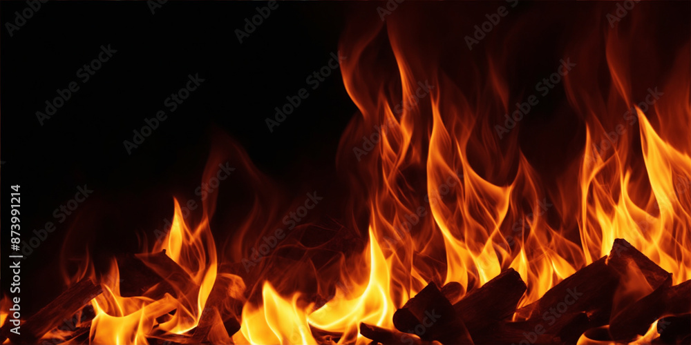 Fire flames on black background. Raging bonfire flames with wood sticks and sparks with horizontal repetition at night. Wood burning flames at night Fire flames on black background. Raging bonfire flames with wood sticks and sparks with horizontal repetition at night. Wood burning flames at night