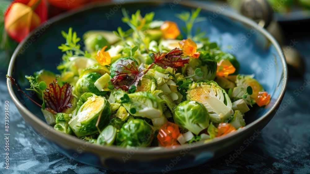 Vibrant brussels sprouts salad with herbs and physalis Vibrant brussels sprouts salad with herbs and physalis