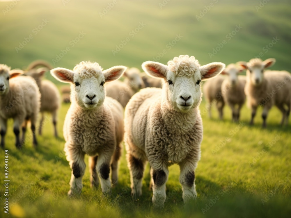 cute little lambs on fresh spring green meadow during morning cute little lambs on fresh spring green meadow during morning