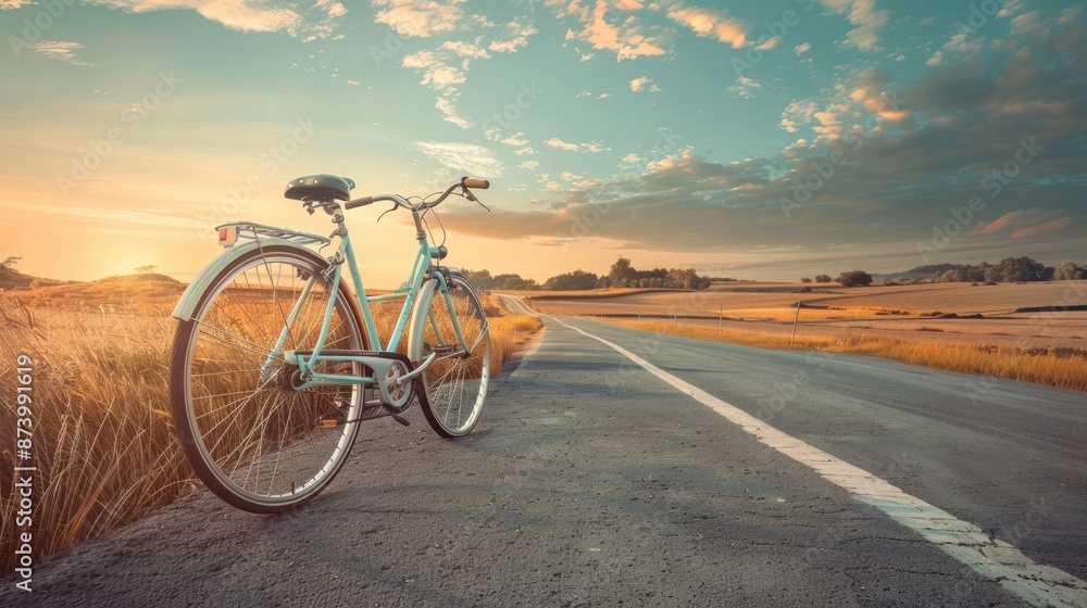 Fototapeta premium A Bicycle on a Winding Road During a Beautiful Sunset