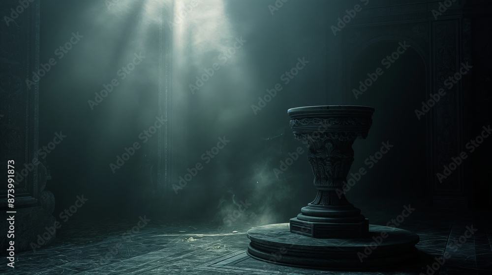 giant empty ornate pedestal, spotlight from above, dark, ambient, cinematic, unreal, halation giant empty ornate pedestal, spotlight from above, dark, ambient, cinematic, unreal, halation