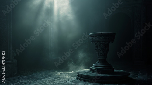 giant empty ornate pedestal, spotlight from above, dark, ambient, cinematic, unreal, halation photo