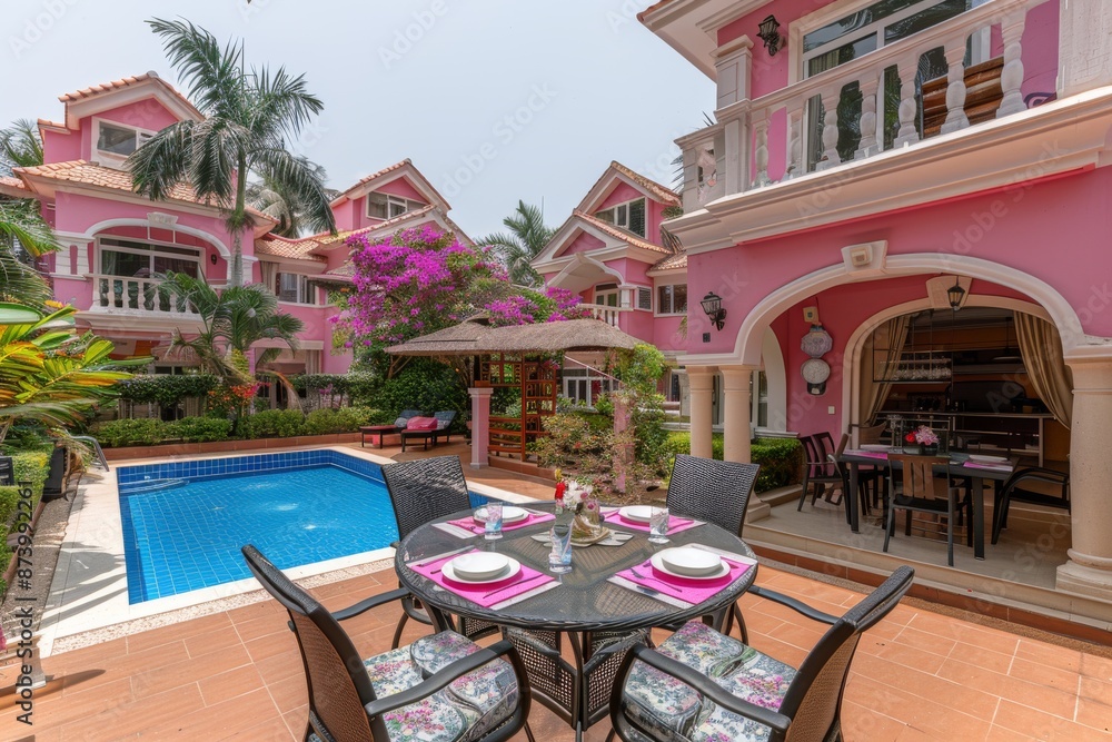 Naklejka premium Luxurious pink villa with garden, pool, and elegant outdoor seating, creating a serene and picturesque space perfect for relaxation.