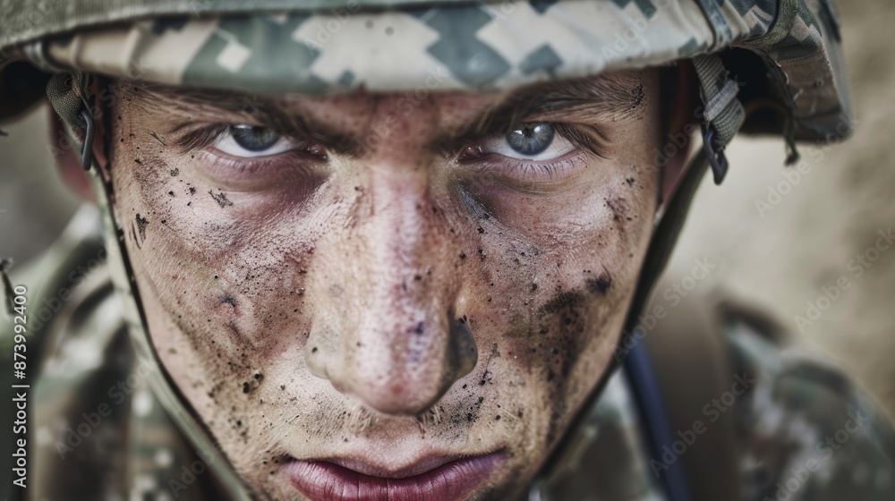 Intense close up of a battle weary soldier s face, revealing profound fatigue and exhaustion Intense close up of a battle weary soldier s face, revealing profound fatigue and exhaustion