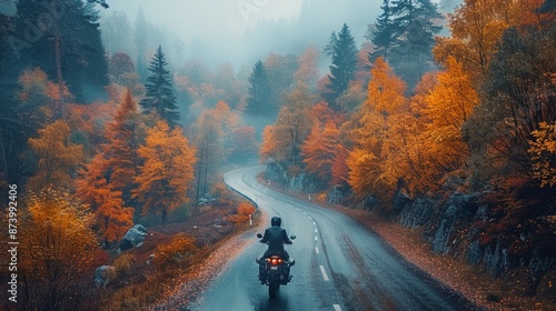 Autumn Motorcycle Ride through a Serene Forest - Generative AI photo