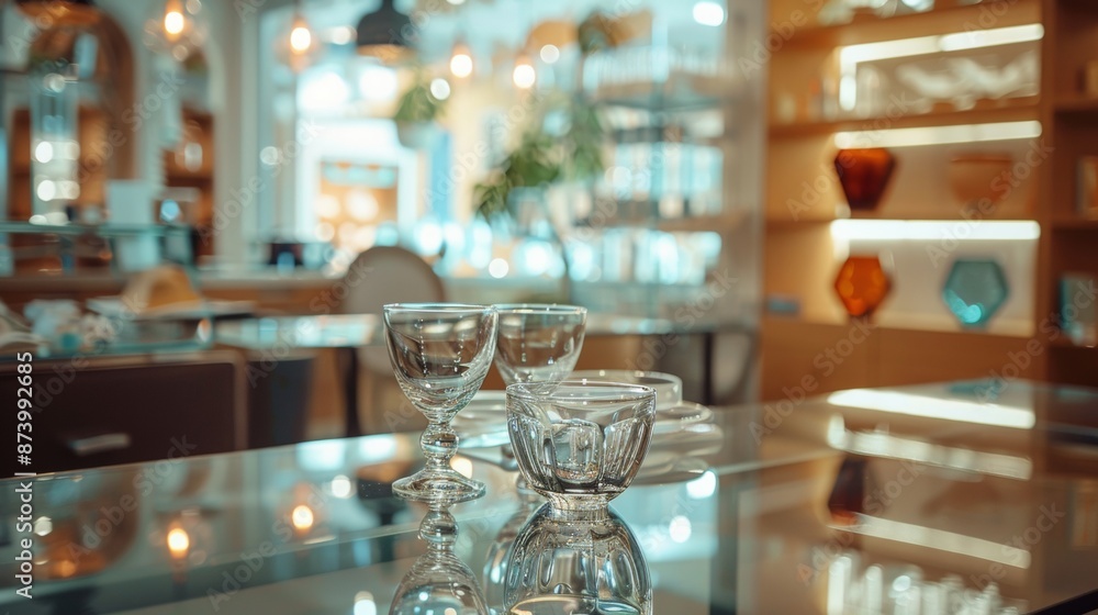 Fototapeta premium Elegant glassware on a reflective table in a modern kitchen