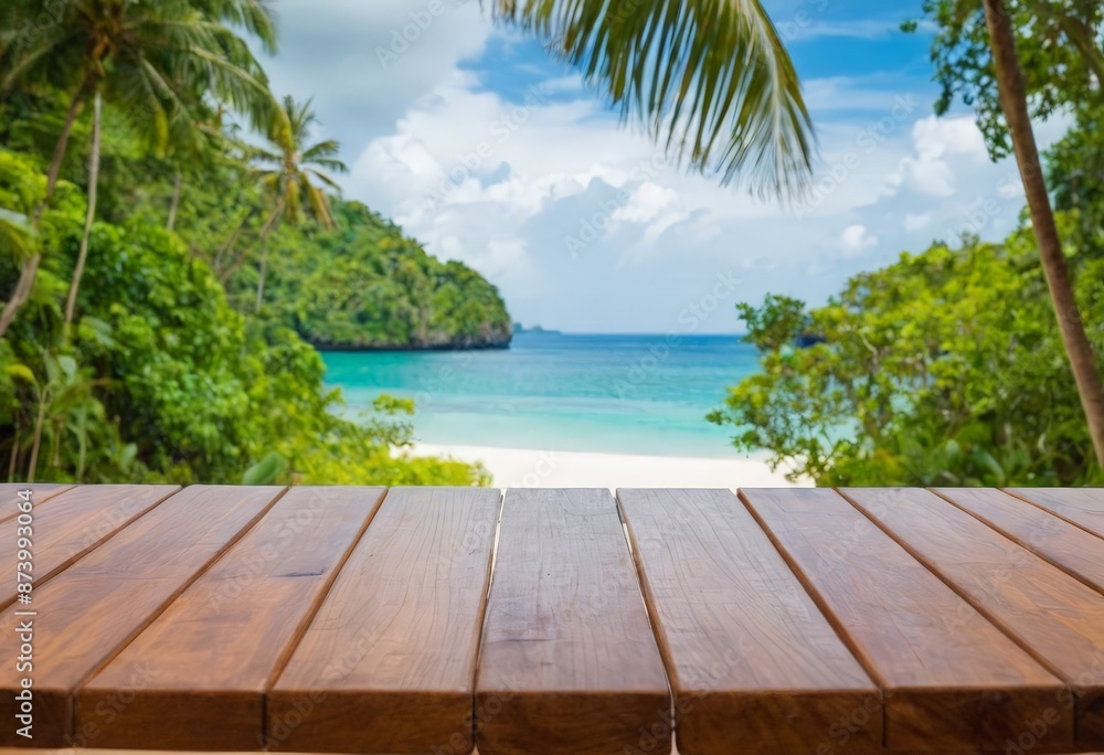 Fototapeta premium Wooden board empty table in front of blurred background Mockup restaurants, Kitchen, sea beach, Nature