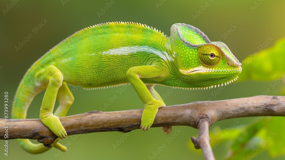 A green lizard is perched on a branch. The lizard is green and has a yellow head A green lizard is perched on a branch. The lizard is green and has a yellow head