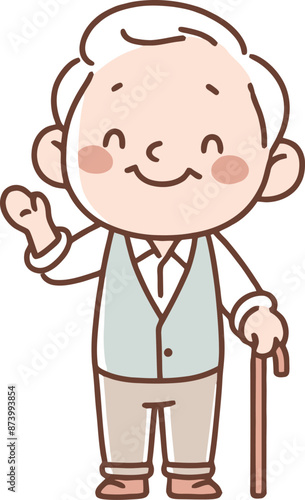 Happy Elderly Man with Cane Illustration