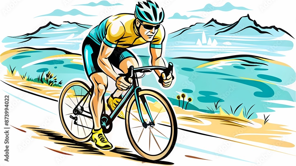 Fototapeta premium Cyclist in Full Sprint: Capturing the Intensity of Road Racing, perfect for sports magazines, cycling training guides, promotional materials for bicycle races, or motivational content for athletes.