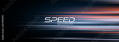 Blue and red high-speed background. Movement light trails effect on black abstract background. Wide technology banner with glowing blue and red light motion effect. Vector illustration