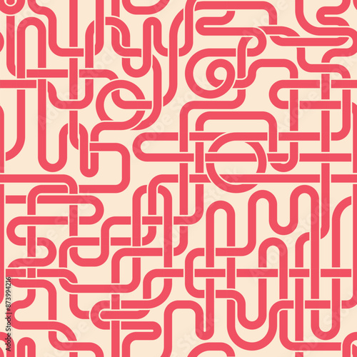 Seamless geometric pattern with a maze of intersecting colored lines on a white background. Metro map style. Tangles pipes. Connection concept.  