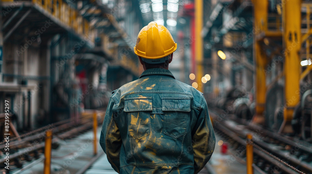 Safety at work. Yellow helmet on worker. Back view. Safety at work. Yellow helmet on worker. Back view.