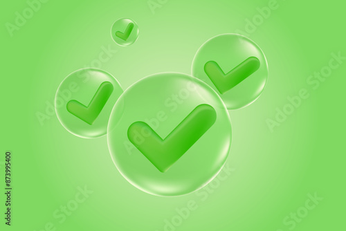 Vector 3d Check mark icon. Glowing sphere select eco icon with green gradient background. Green yes button. 3d tick illustration for web, design, app
