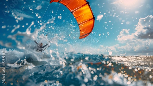 Dynamic kitesurfing scene rider navigating strong waves holding orange kite water sport in open surfing vibrant sea beverage