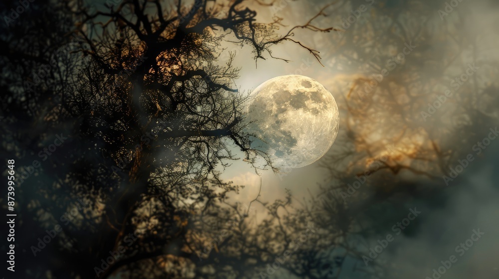 Blurry picture of a tree framed full moon Blurry picture of a tree framed full moon