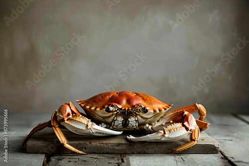 A crab sitting on a wooden table. photo