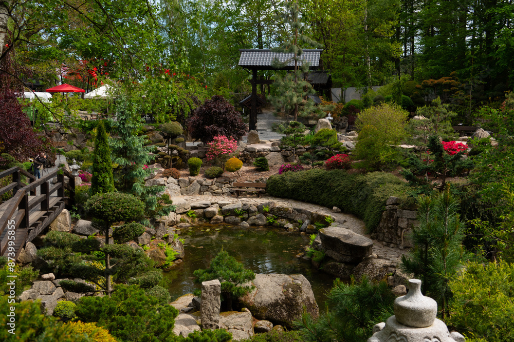 Beautiful japanese garden with scenic stones and lush foliage Beautiful japanese garden with scenic stones and lush foliage