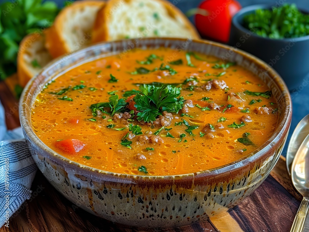 A bowl of tomato soup with bread and herbs. A bowl of tomato soup with bread and herbs.