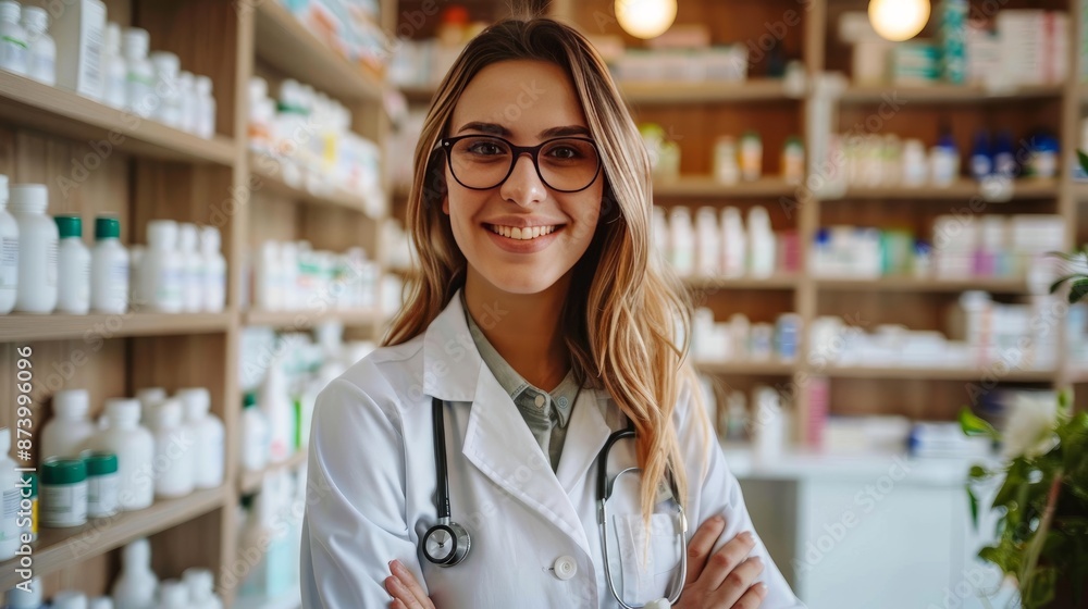 Happy female pharmacist working in pharmacy and looking at camera. Happy female pharmacist working in pharmacy and looking at camera.