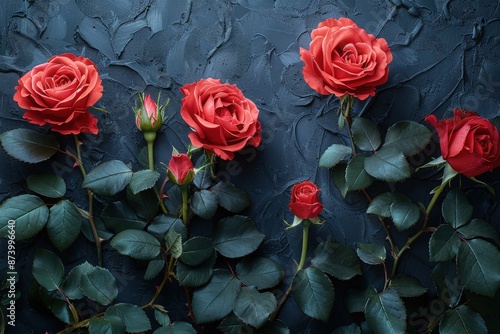 A picturesque scene of five red roses at different stages of blooming, captured against a textured dark background, representing life cycles and natural beauty. photo