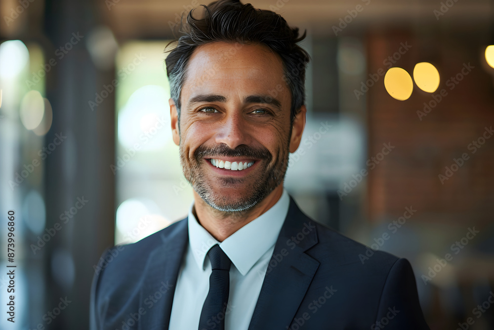 A close-up portrait of a smiling businessman wearing a suit and tie, with a blurred office environment in the background. A close-up portrait of a smiling businessman wearing a suit and tie, with a blurred office environment in the background.