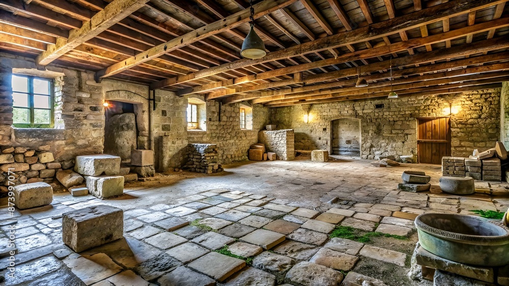 A large room with stone walls and a dirt floor. The room is filled with stone blocks and has a very old and rustic feel to it A large room with stone walls and a dirt floor. The room is filled with stone blocks and has a very old and rustic feel to it