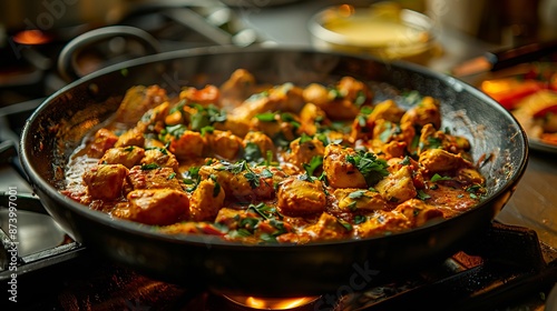 A pan of chicken curry on a stove.