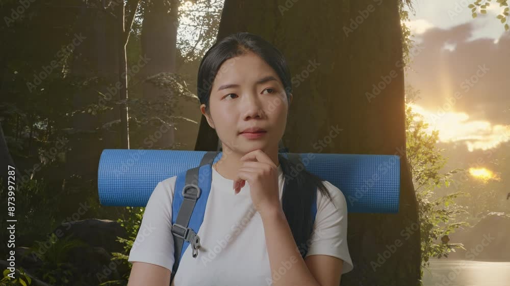 Close Up Of Asian Female Hiker With Mountaineering Backpack Thinking About Something And Looking Around Then Raising Her Index Finger While Exploring Forest Nature Close Up Of Asian Female Hiker With Mountaineering Backpack Thinking About Something And Looking Around Then Raising Her Index Finger While Exploring Forest Nature