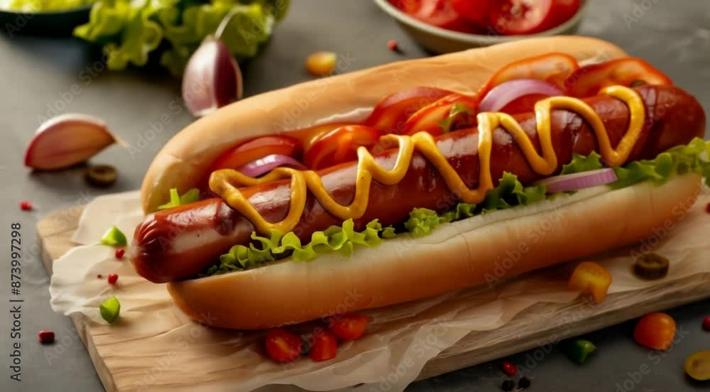 Classic Hot Dog with Mustard, Lettuce, and Tomato on Wooden Board Classic Hot Dog with Mustard, Lettuce, and Tomato on Wooden Board