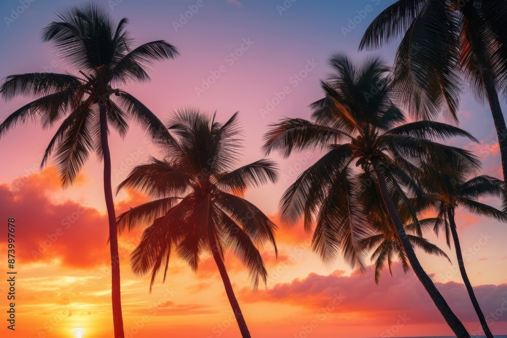 Obraz premium Tropical coconut trees sunset outdoors tropics.