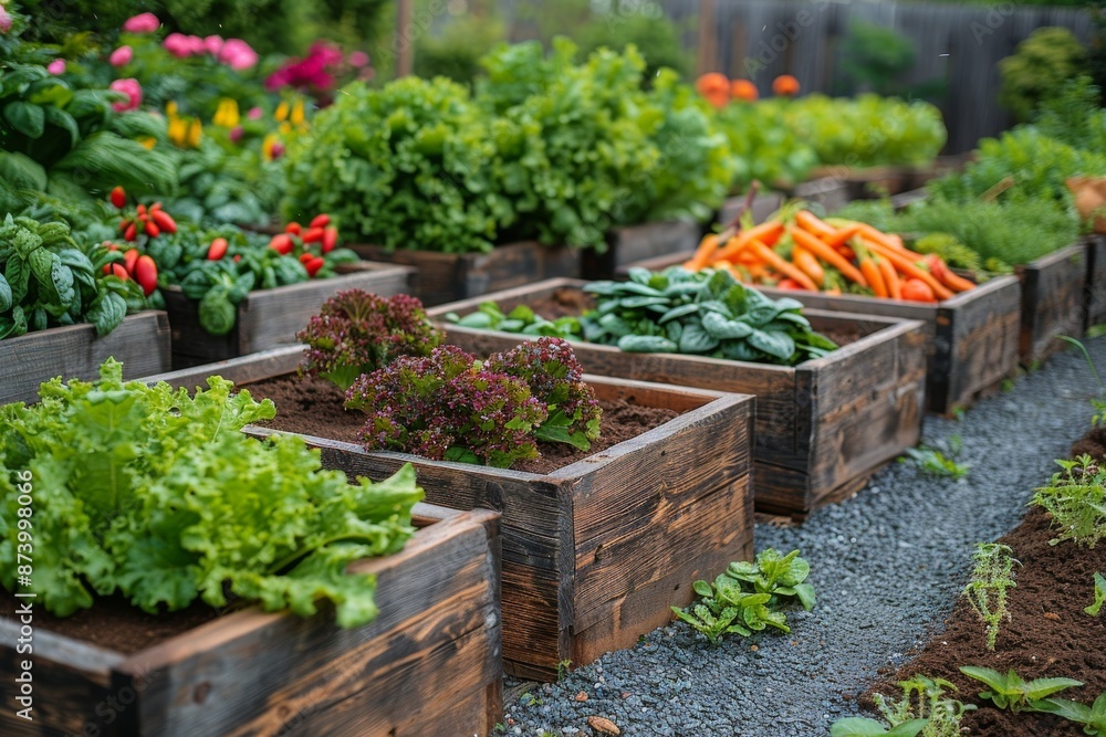 Fresh Green Lettuce Growing in Wooden Raised Garden Beds Fresh Green Lettuce Growing in Wooden Raised Garden Beds