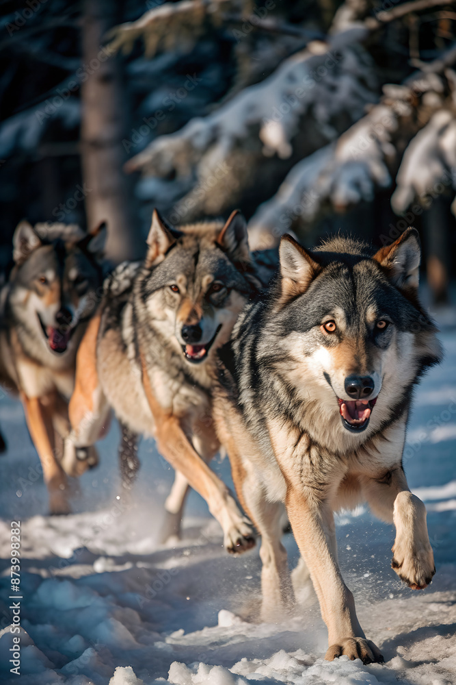 Naklejka premium a wolf pack running through a snowy forest