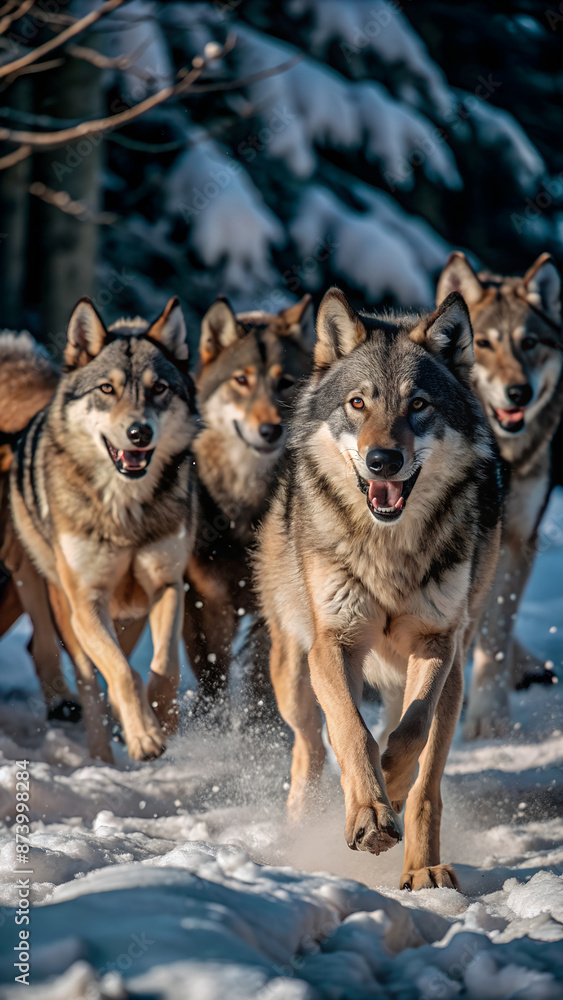 Naklejka premium a wolf pack running through a snowy forest