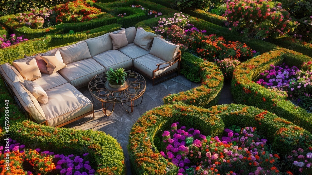 Obraz premium A unique aerial perspective of a garden with interlocking hedge patterns and a secluded sitting area, featuring a soft fabric sofa set and a decorative metal table, nestled among vibrant flowers.