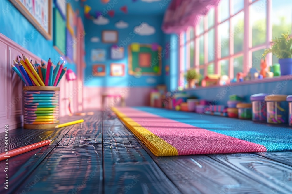 A bright and colorful classroom setup featuring a basket filled with pencils, a wooden floor, and colorful decor, fostering a lively and creative learning environment. A bright and colorful classroom setup featuring a basket filled with pencils, a wooden floor, and colorful decor, fostering a lively and creative learning environment.