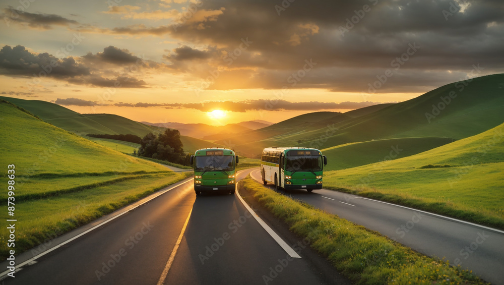 Two green buses are driving down a paved road, with rolling green hills and a sunset in the background.
Two green buses are driving down a paved road, with rolling green hills and a sunset in the background.