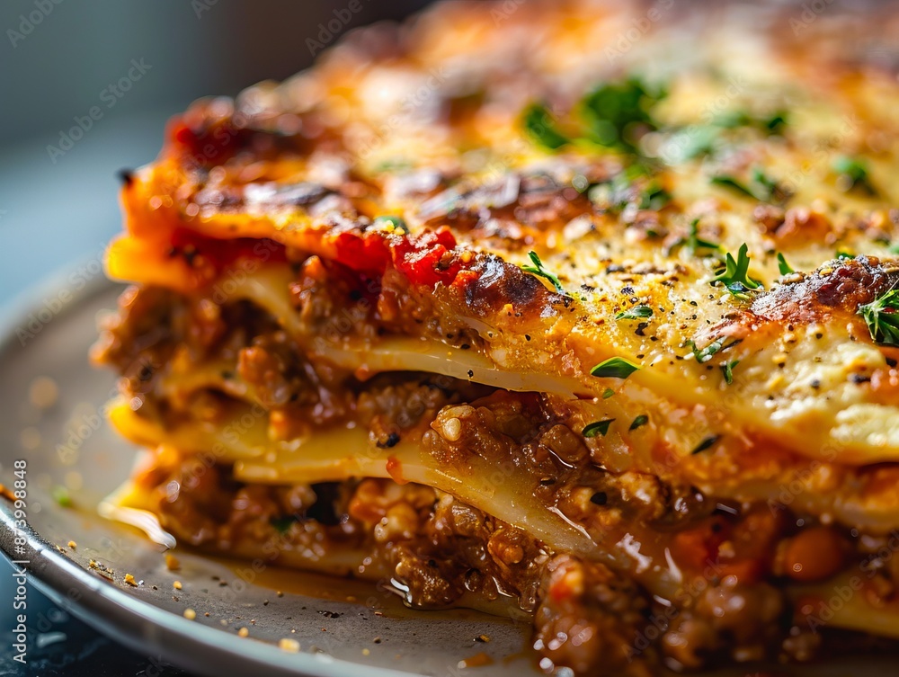 A plate of lasagna with meat and vegetables. A plate of lasagna with meat and vegetables.