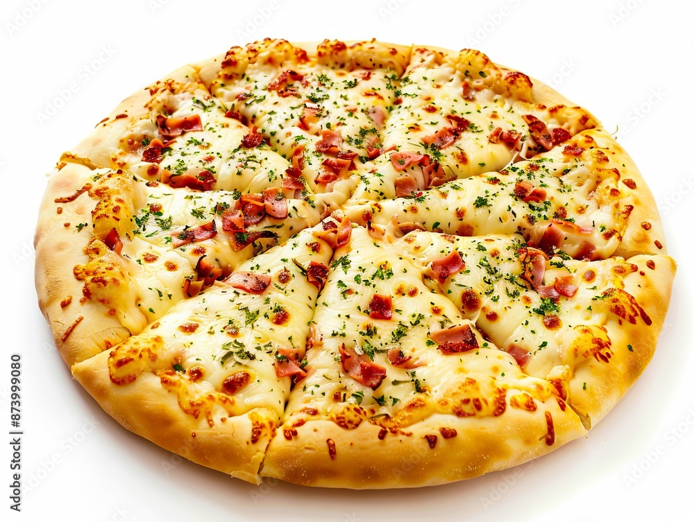 A pizza with cheese and bacon on top. A pizza with cheese and bacon on top.