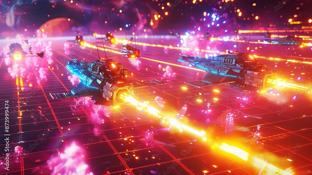 High-energy futuristic space combat scene with neon lasers, exploding ships, and digital grid landscape, highlighting a vibrant cyberpunk aesthetic. High-energy futuristic space combat scene with neon lasers, exploding ships, and digital grid landscape, highlighting a vibrant cyberpunk aesthetic.
