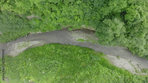 ドローン映像：曇り空の下、深い草木に囲われた川	