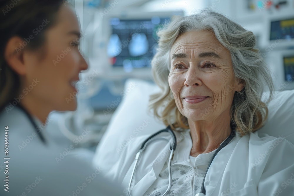 Fototapeta premium A senior female doctor, with gray hair and a stethoscope, is seen interacting warmly with a patient in a hospital room, highlighting care, experience, and medical professionalism.