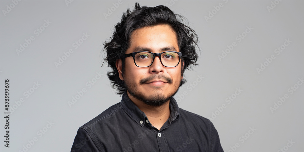 Professional Portrait of a Young Businessman with Glasses and Black Shirt Against Gray Background Professional Portrait of a Young Businessman with Glasses and Black Shirt Against Gray Background