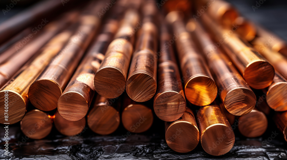 Copper Rods Stacked in Industrial Warehouse. Close-up of copper rods stacked in an industrial warehouse, highlighting the storage and readiness for use in manufacturing processes. Copper Rods Stacked in Industrial Warehouse. Close-up of copper rods stacked in an industrial warehouse, highlighting the storage and readiness for use in manufacturing processes.